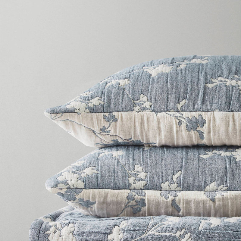 Ensemble de courtepointe 3 pièces en jacquard de coton et gaze, Full Quilt + 2 Shams, Blue