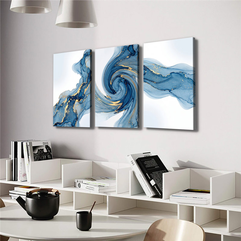 Ensemble de 3 impressions sur toile à l'encre à alcool bleue, motif abstrait tourbillonnant, 28 * 40 pouces * 3
