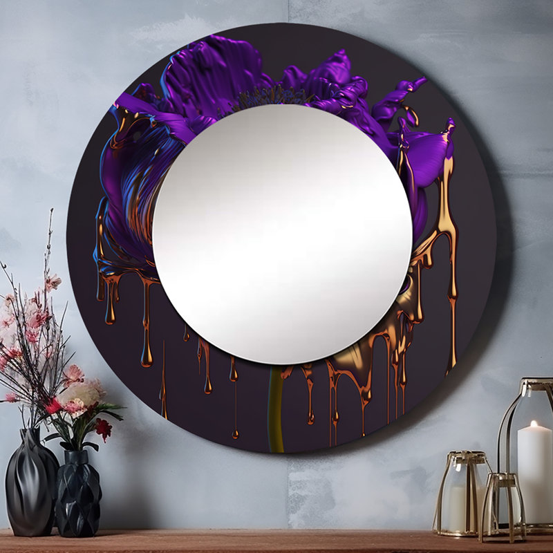 Shenya - pivoine mauve liquide or I - miroir mural pivoines, miroir décoratif rond moderne, impression d'art en métal
