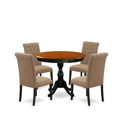 5-Piece Dining Table Set Includes a Dining Table and 4 Light Sable Linen Fabric Modern Dining Chairs with Button Tufted Back - Black Finish