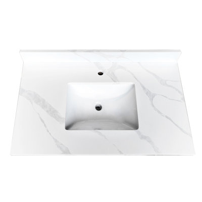 Comptoir de salle de bain en quartz de 94 cm (37 po) avec lavabo central encastré, dosseret de 10 cm (4 po) de hauteur, 1 trou pré-percé pour robinet, pour une utilisation à long terme. Plan de toilette blanc, ajoutez du style à votre salle de bain.