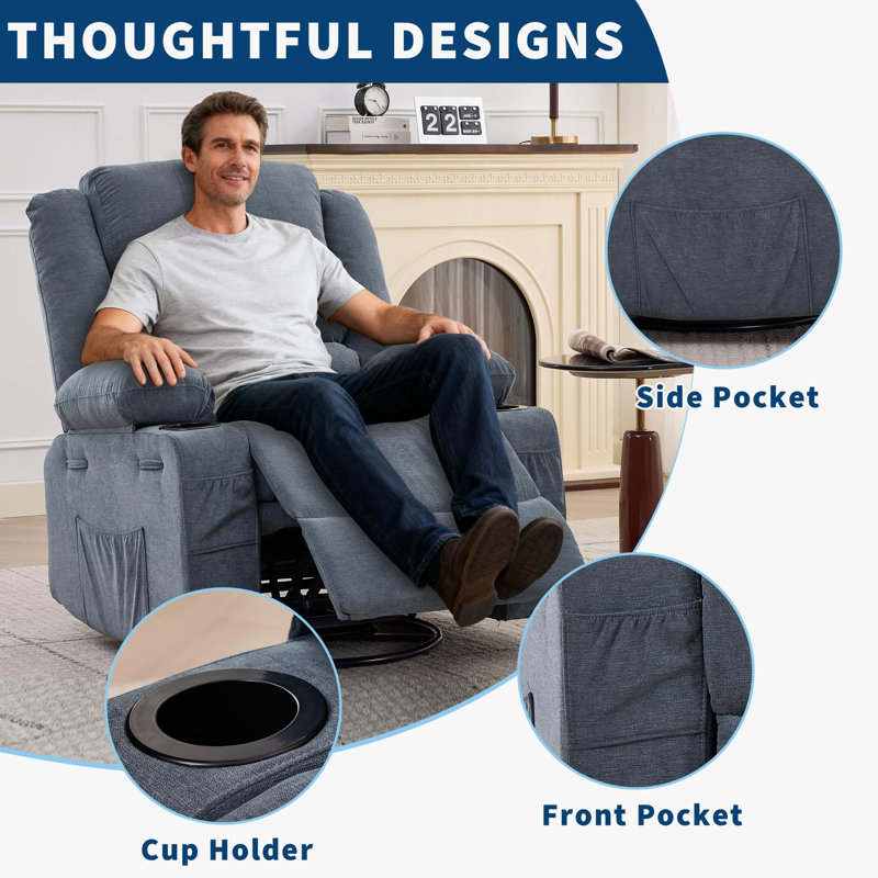 Fauteuil inclinable et pivotant à 360 ° avec porte-gobelets et poches pour adultes, Mélange de lin bleu