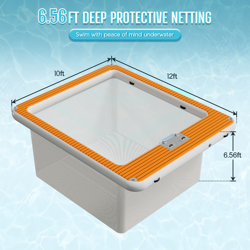 12×10ft Inflatable Sea Pool, Floating Swimming Pool Platform With Safety Net, Modular Swim Air Dock With Electric Air Pump For Ocean Party, Durable Eva Non-slip Surface