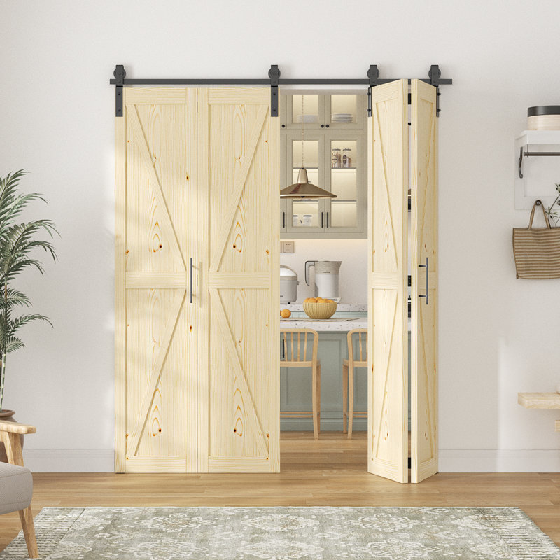 Porte de grange pliante de style K en bois de pin massif 84 po avec quincaillerie, 4, 72 po x 84 po