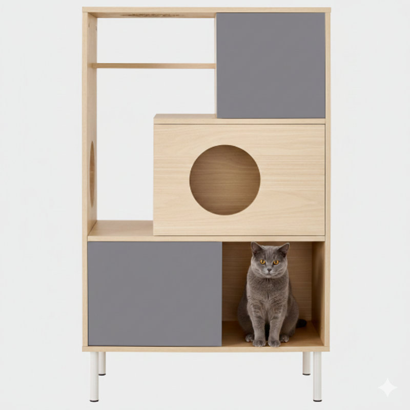 Arbre à chat moderne et table d'appoint moderne, conception 2 en 1, petite bibliothèque en bois avec compartiment caché pour litière, offre des zones d'escalade pour chats et un rangement dissimulé