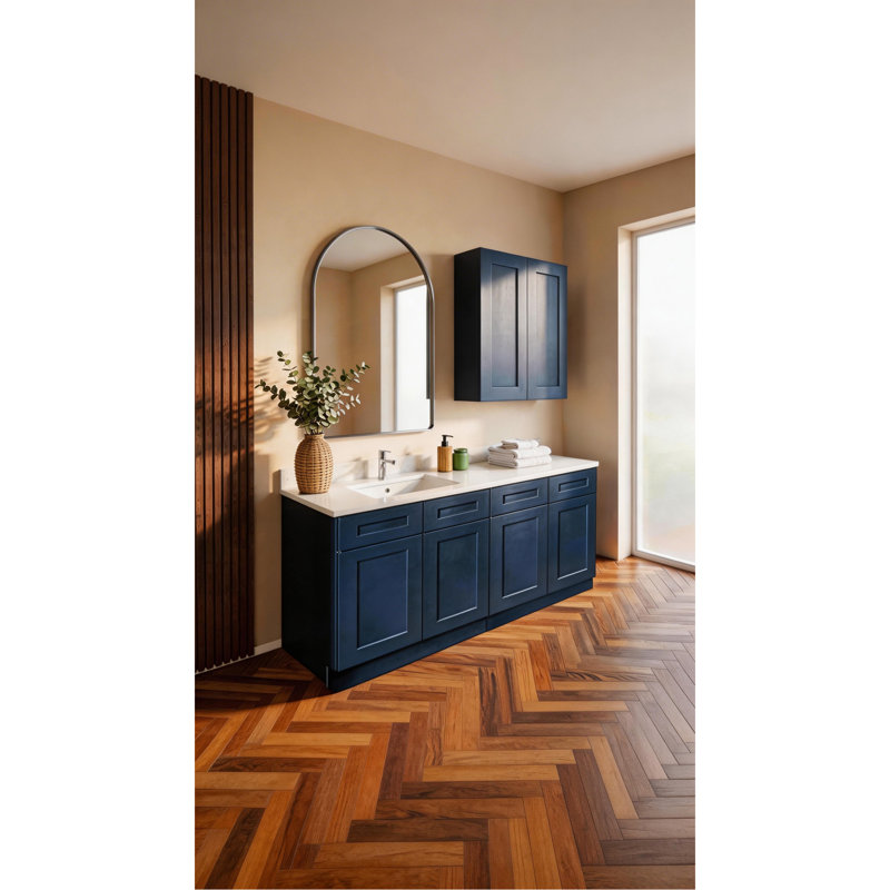 Armoire murale en bois massif bleu marine Shaker de 30 po - Charnières à fermeture en douceur, tablettes réglables, porte double. Idéal pour la cuisine, la salle de bain et la lessive. (L 30 po x P 12 po x H 42 po)
