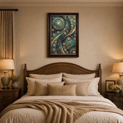 Tableau sur toile à motif géométrique en spirale or et turquoise