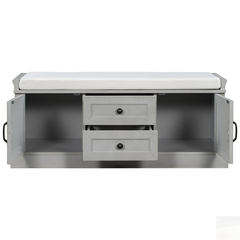 Banc de rangement avec 2 tiroirs et 2 armoires, banc à chaussures avec coussin amovible pour le salon, vestibule, Grey Wash