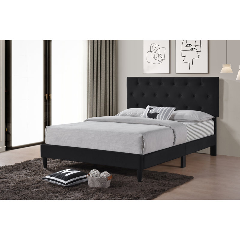 Lit plateforme en velours avec tête de lit capitonnée réglable, cadre de lit tapissier moderne, aucun sommier requis, double, noir