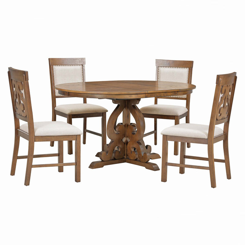 Ensemble de salle à manger rétro 5 pièces, 1 table extensible, Beige / noyer, Noyer