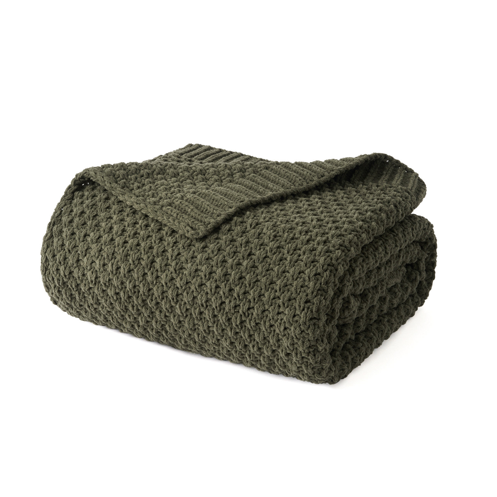 Chunky Chenille Knit Throw Blanket, Olive Green, 80" L x 60" W