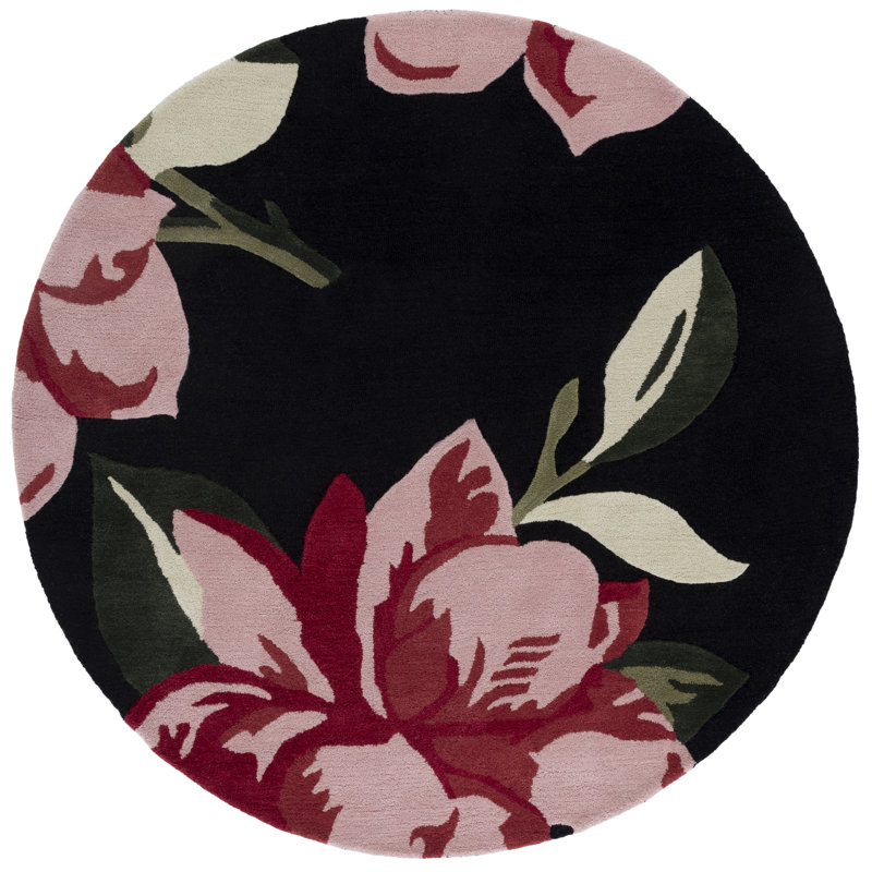 Tapis en laine / coton Kamath 403 touffeté à la main en noir / rose, Rond 6 pi