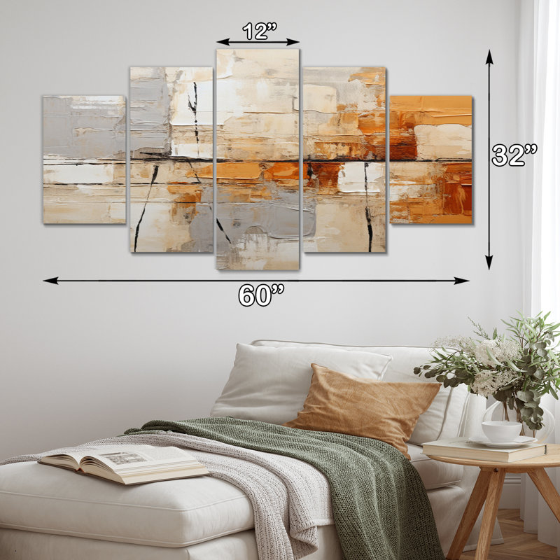 Impression d'art mural gris, jaune et orange - Collages abstraits - 5 panneaux