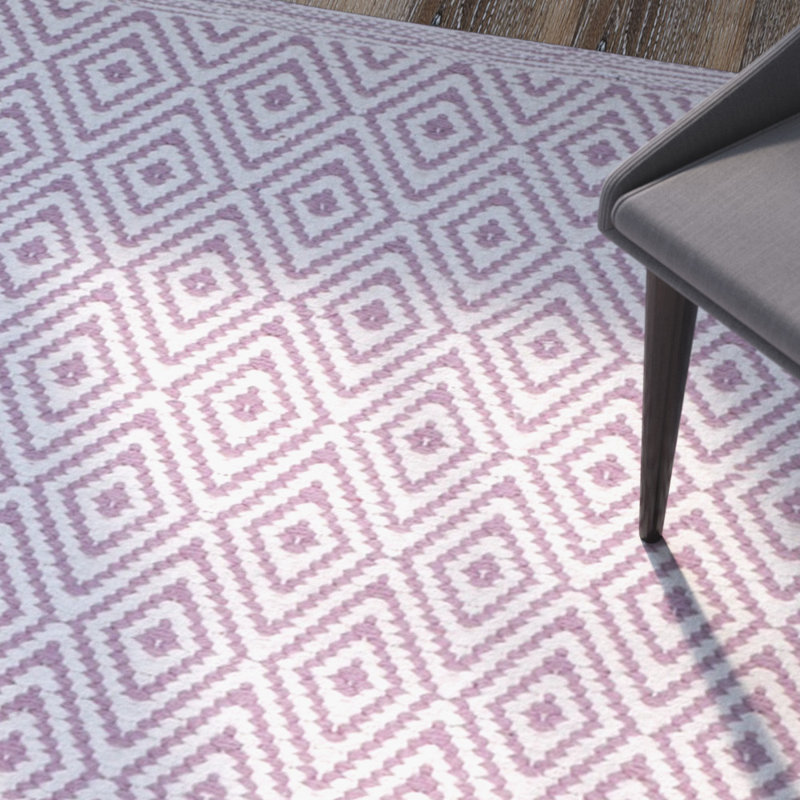 Tapis ivoire / mauve en coton tissé à plat à la main à motif géométrique Akihiro, Rectangle 8 pi x 10 pi