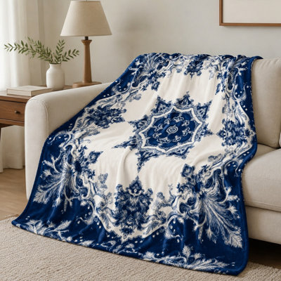 Plaid en flanelle à motif damassé doux, imprimé orné bleu et blanc d'inspiration vintage, ultra doux, léger, respirant, toutes saisons, agréable pour la peau, lavable à la machine, décoratif, pour canapé, fauteuil, salon et chambre