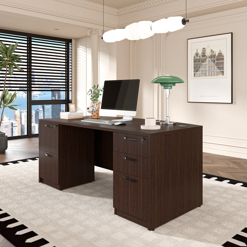 Executive Desk With Two File Cabinets, Brown