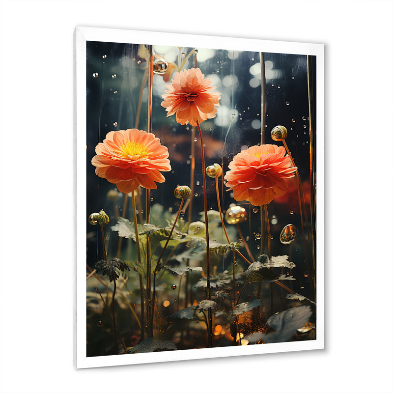 "Fleurs de zinnias orange et vertes", Cadre simple blanc, H 20 po x l 12 po x P 1 po