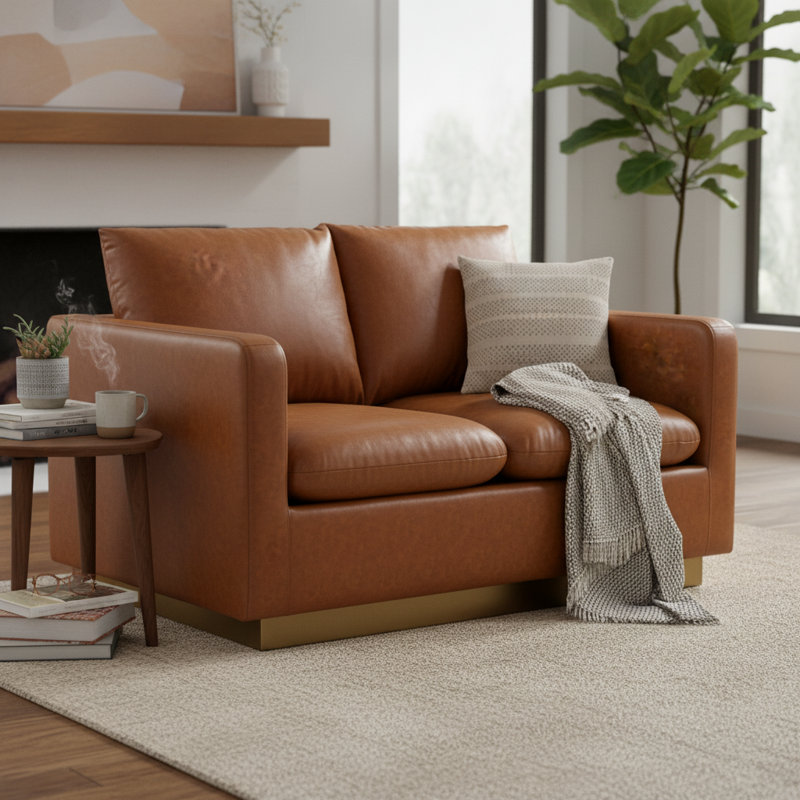 Berengarius Leather Loveseat with Gold Stainless Steel Base, Similicuir brun clair cognac