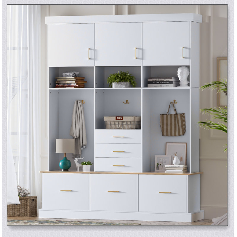 Arbre d'entrée 75 po avec banc et rangement, portemanteau moderne 5 en 1 avec portemanteau, 6 tiroirs, 3 armoires et 3 niveaux de rangement supérieur pour le couloir, l'entrée, le salon et le vestibule