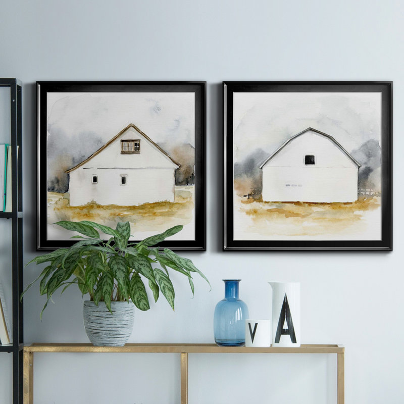 White Barn Watercolor I - White Barn I - ensemble de 2 reproductions d'art sur toile, Toile encadrée noire, Pas de tapis