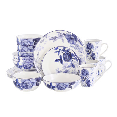  Bone China 20-Piece Dinnerware Set, Service For 4, Blue Floral, Microwave and Dishwasher Safe