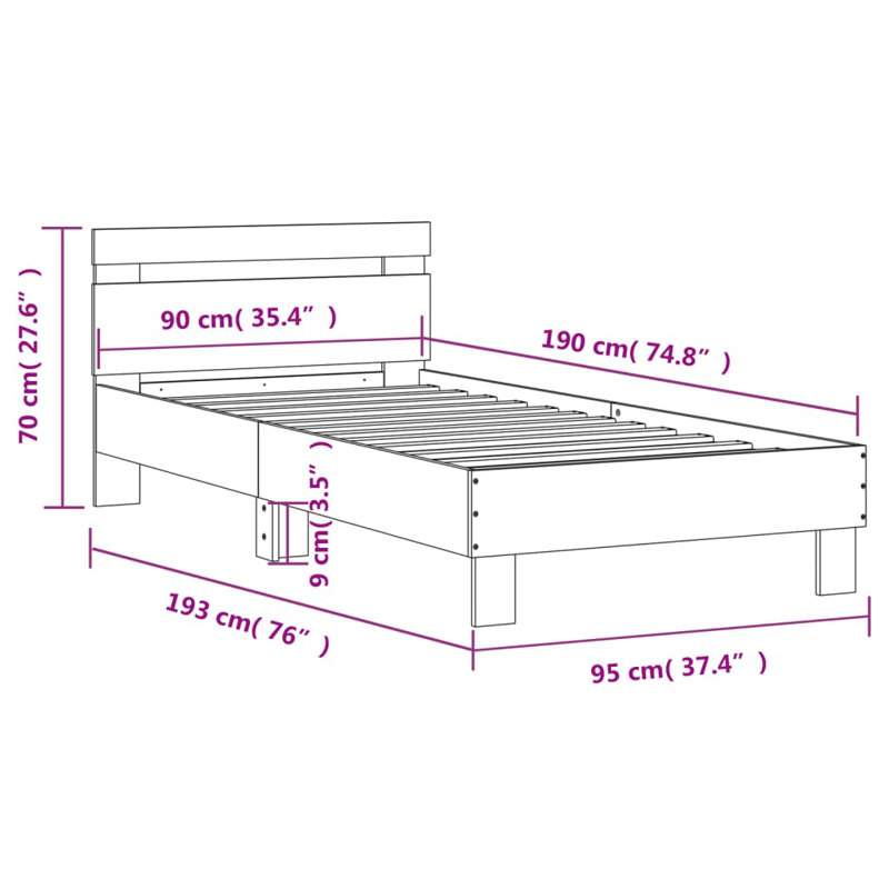 17 Stories Bed Frame With Headboard And LED , UK Double - 135 x 190 cm, Concrete Grey