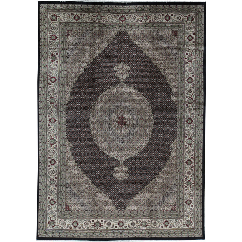Tapis noir et crème noué à la main de haute qualité