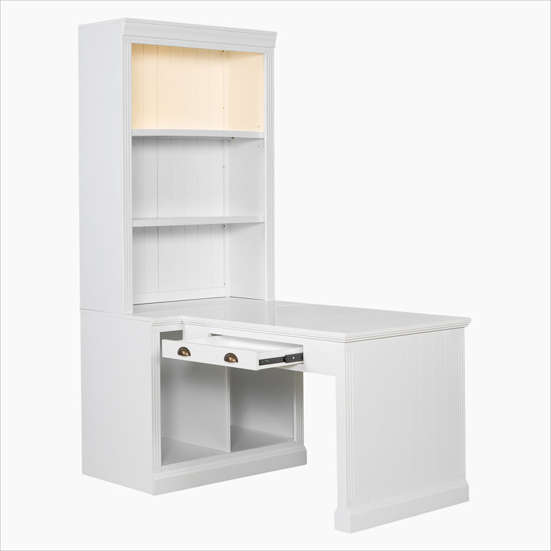83.4"Tall Bookshelf with Writing Desk, Modern Bookcase with Study Desk, Workstation with Storage Shelf,Storage Bookcase with Open Shelves and LED Lighting for Living Room,Home Office,White