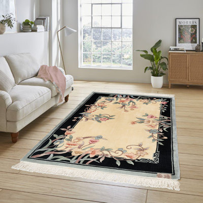 Tapis oriental oriental à motif floral en laine noué à la main beige et vert