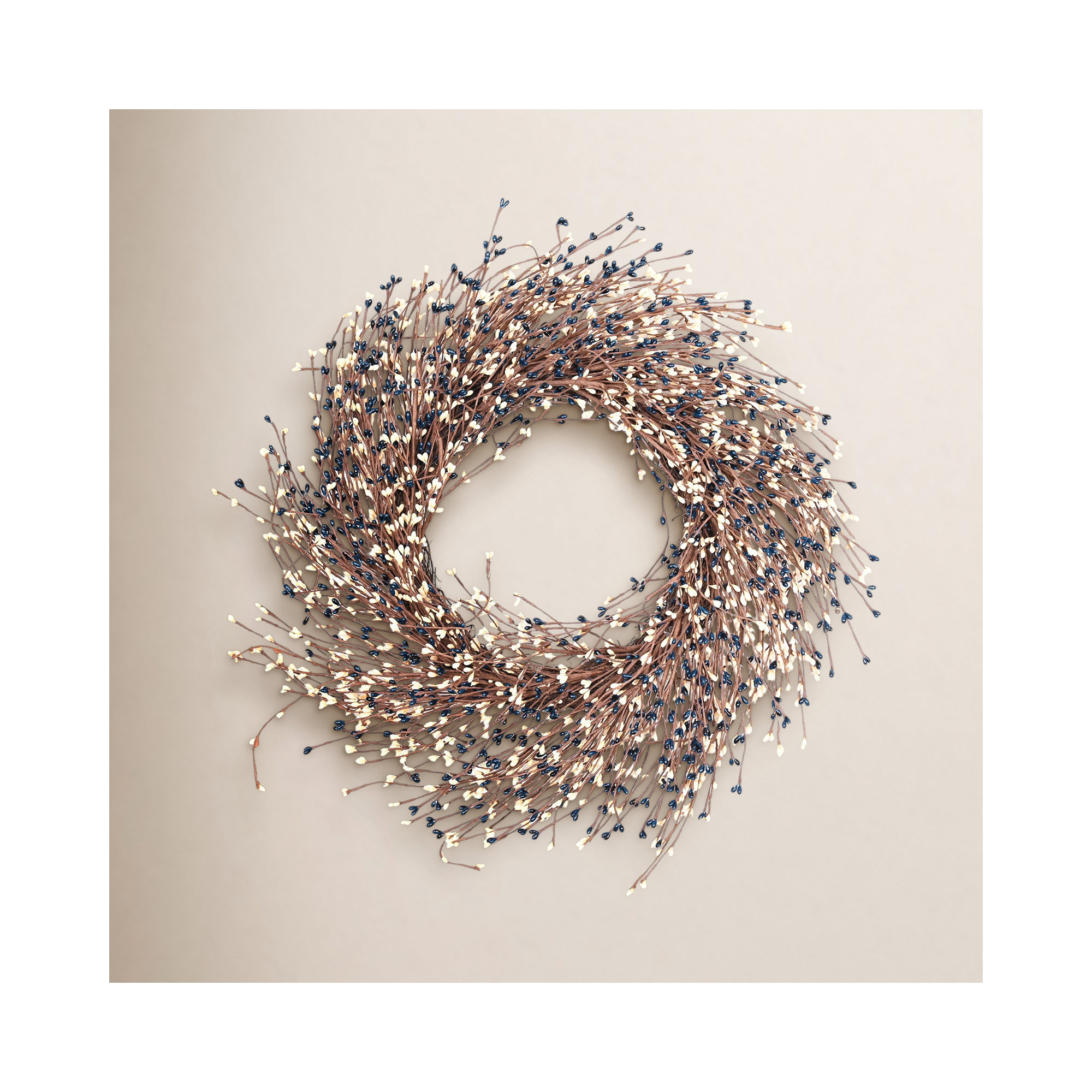 24" Artificial Farmhouse Twig Fall Harvest Blossoms Cluster Berry Thanksgiving Day Front Door Wreath, Blue
