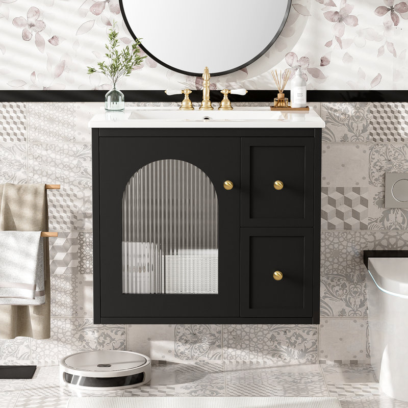 Ensemble de meuble-lavabo mural avec lavabo, 2 tiroirs et 1 porte à fermeture en douceur, Noir