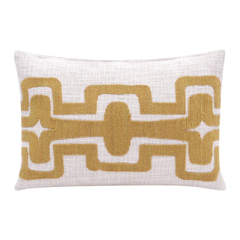 Ochre and Ivory Geometric Embroidered Rectangular Cotton Blend Pillow