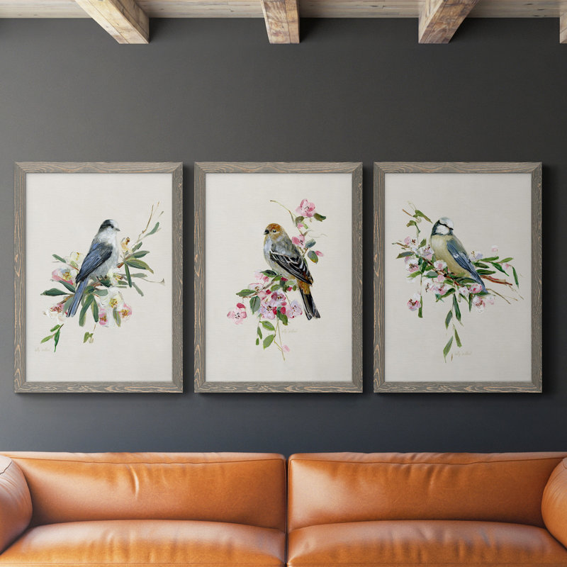«Spring Song Blue Bird», ensemble de 3 impressions sur toile encadrées, H 20 po x l 51 po x P 1,5 po, gris