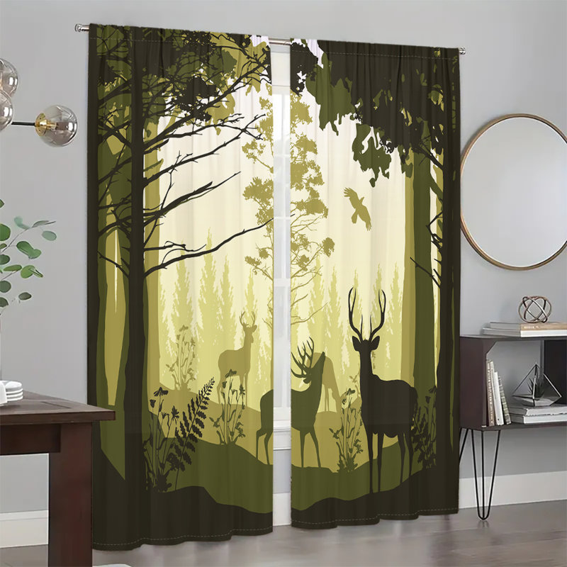 2Pcs rideaux de fenêtre silhouette de cerf de forêt drapé de thème de la nature panneau de poche de tringle animaux de la forêt motif d'oiseaux salon chambre cuisine traitement de la maison