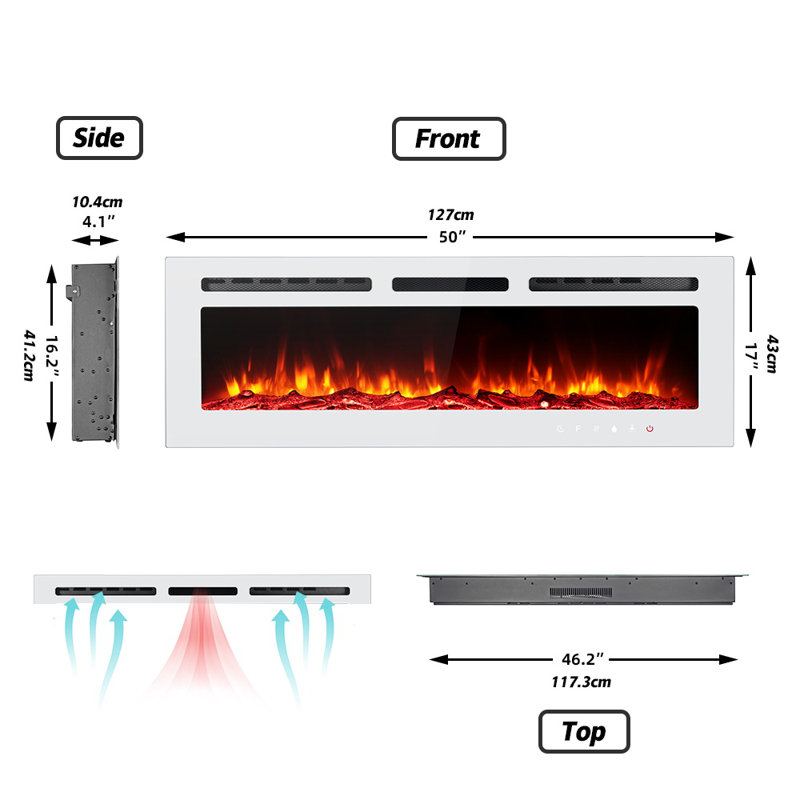 50" White 3-in-1 Electric Fireplace Heater, 12 Color Flame with Breathing Flame, White, 17" H x 50" W x 4" D