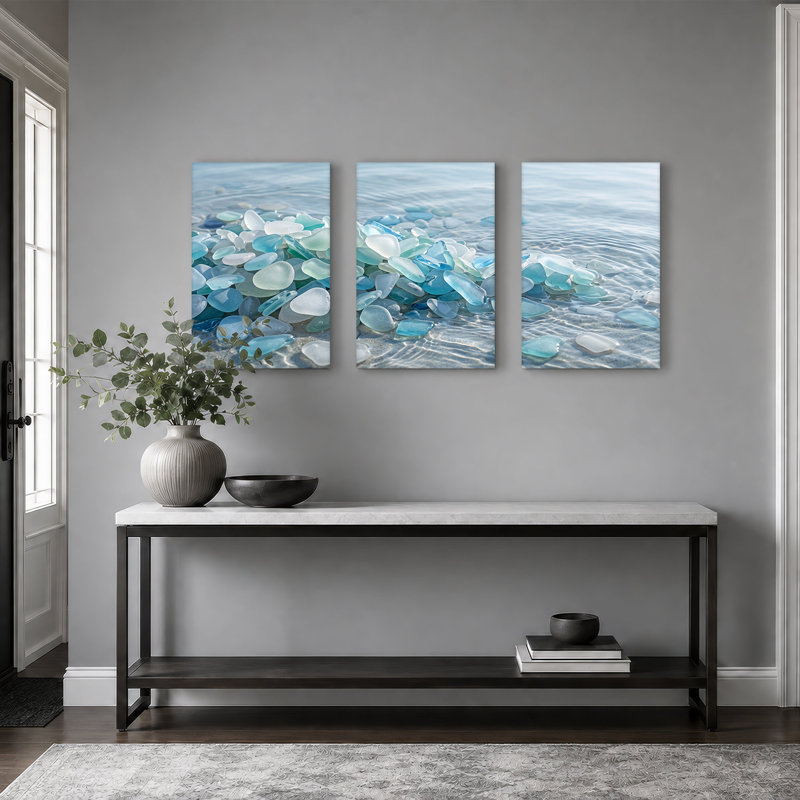 Ensemble de 3 toiles bleues et blanches en verre ondulé, H 24 po x l 16 po x 3 pièces