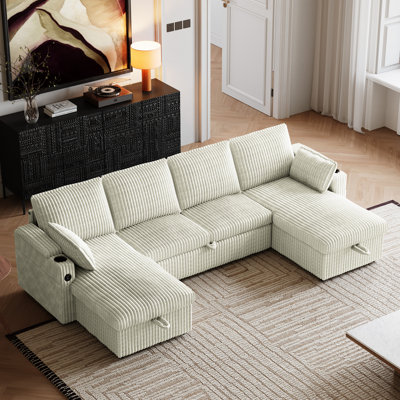 104''W U Shaped Corduroy Sectional Sofa with Storage Chaises and Pull Out Bed