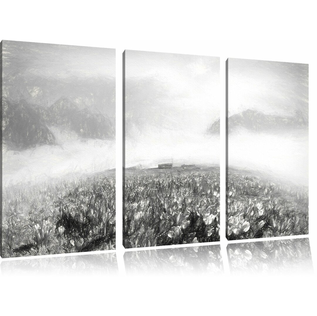 3-tlg. Leinwandbild-Set „Blühende Krokusse mit Aussicht auf die Berge“, Kunstdruck