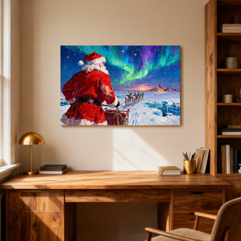 Noël, père Noël, traîneau, renne, aurore, ciel, paysage d'hiver, H 16 po x l 24 po