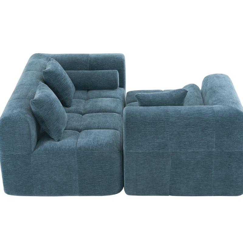 101.2" Living Room Couch, Blue. Modular For Personalized Space. Full Foam Support. Captivating Curved . 3 Square & 2 Bolster Pillows. Back, American Glamour Blue Sectional , 101.2". Deep Seating