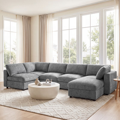 129" 6 Seat Chenille Sectional Sofa With Ottoman