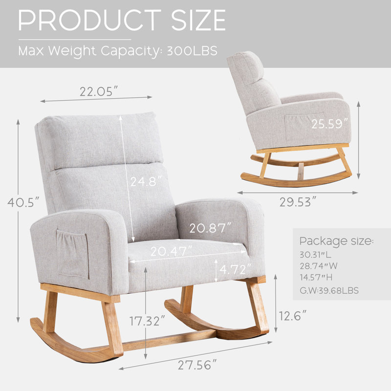 Chaise berçante Wasilewski de 28 po de largeur pour chambre de bébé avec pieds en bois massif, Lin pur gris clair