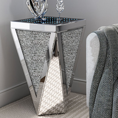 Mercer41 Mirrored Side Table With Infinity Lights, Sliver End Table With Crushed Diamond, Modern Nightstand For Living Room Bedroom