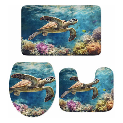 Sea Blue Turtle Coral 3 Pack Shower Bathroom Rug Kit