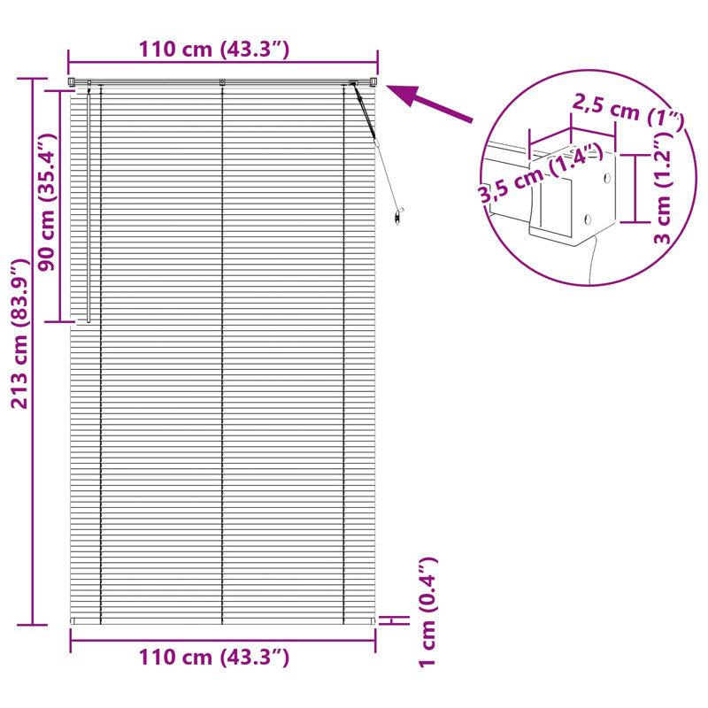 Venetian Blind, 110cm W x 213cm L, Silver Grey