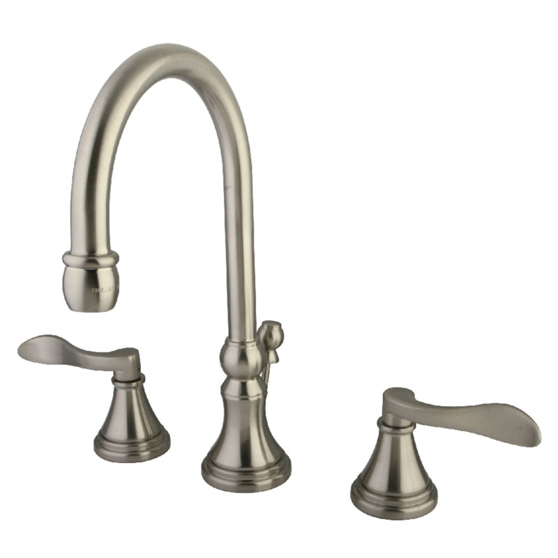 Kingston Brass NuFrench Two-Handle 3-Hole Deck Mount Widespread Bathroom Faucet with Brass Pop-Up Drain, Brushed Nickel