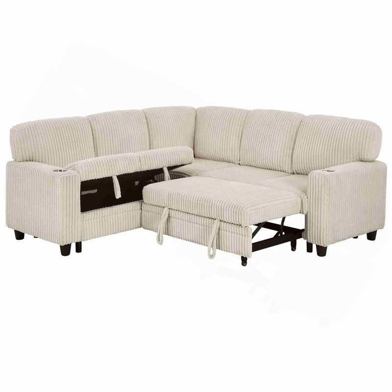 Canapé-lit modulaire en L avec lit escamotable et rangement, canapé-lit 5 places avec chargement USB, conception convertible pour salon, appartement, tissu en velours côtelé, beige