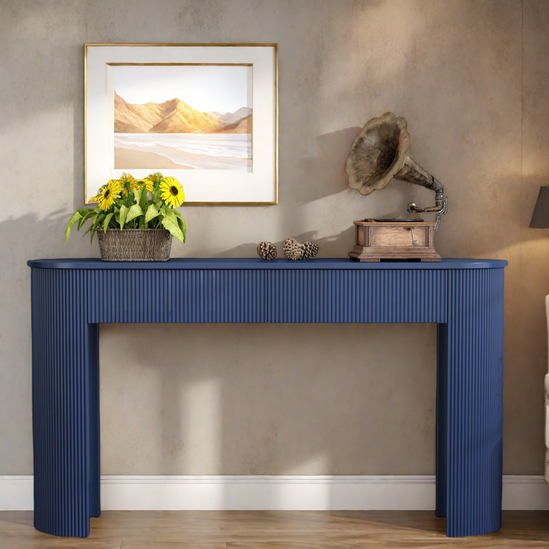 Modern Console Table With Oval Top, 2 Drawers And Fluted Design, Navy