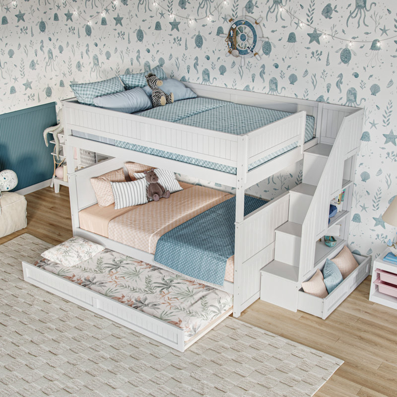 Keaire Staircase Bunk Bed with Storage Drawer and Twin Trundle, Full Over Full, White