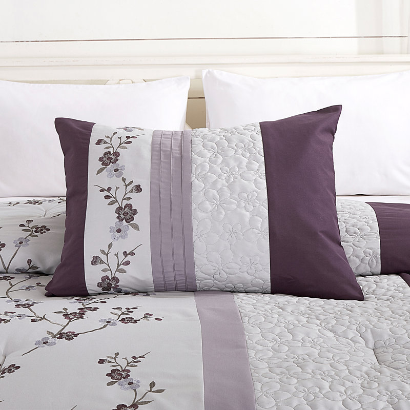 Full Purple and Lavender Floral Embroidery Comforter Set